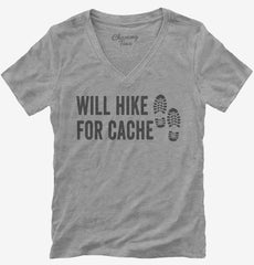 Will Hike For Cache Geocaching Womens V-Neck Shirt